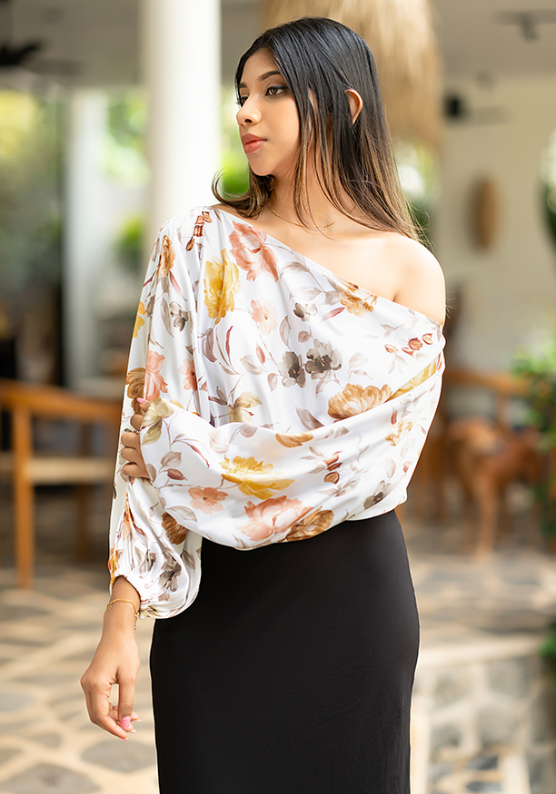 BROWN FLORAL ONE SHOULDER TOP